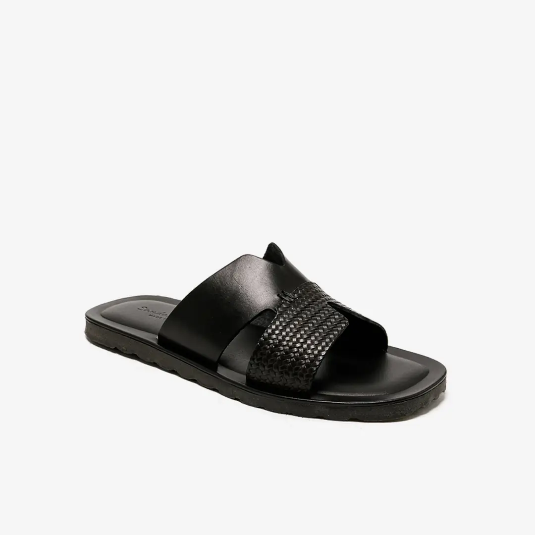 The Sandals Factory Leather Erkek Çift Bantlı Terlik - Siyah