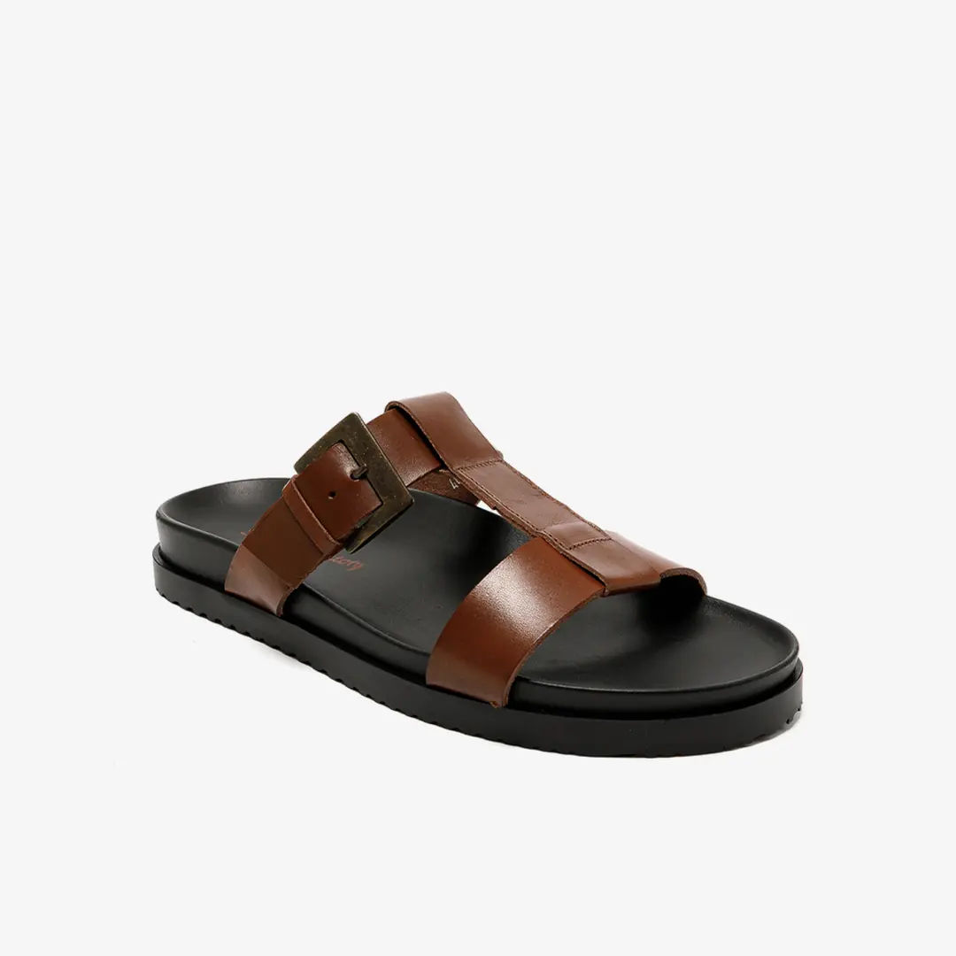 The Sandals Factory Leather Erkek Bantlı Terlik - Kahverengi