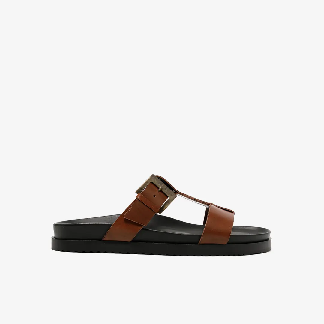 The Sandals Factory Leather Erkek Bantlı Terlik - Kahverengi