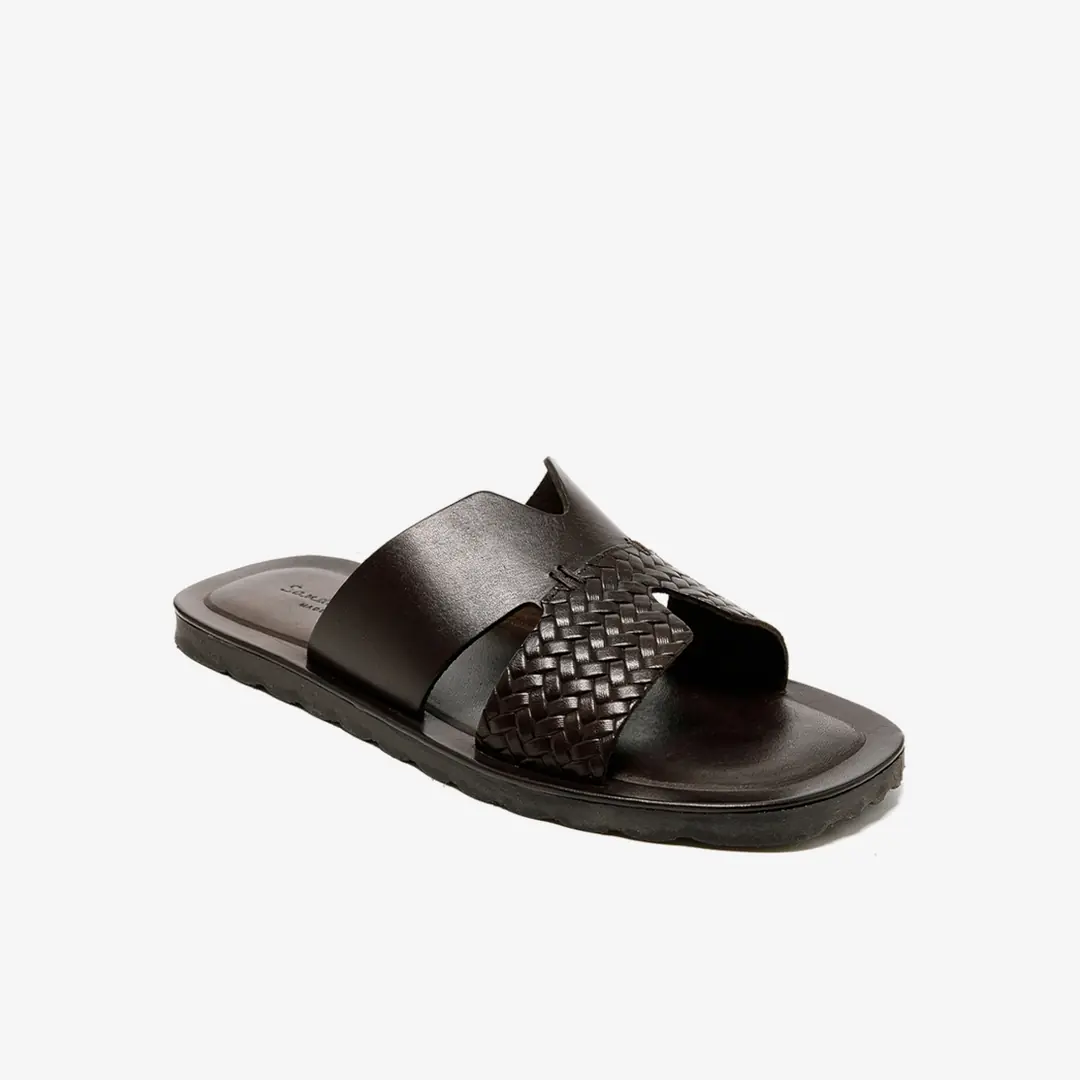 The Sandals Factory Leather Erkek Çift Bantlı Terlik - Kahverengi