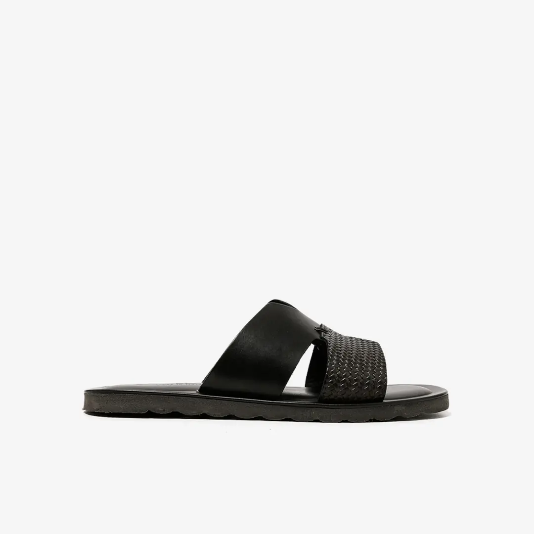 The Sandals Factory Leather Erkek Çift Bantlı Terlik - Siyah